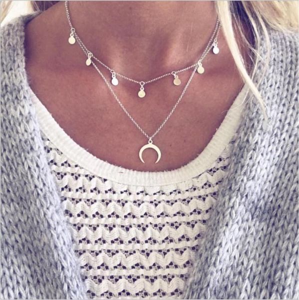

pendant necklaces two layer fashion necklace alloy moon oxhorn and mini disc metal chain silver plated woman