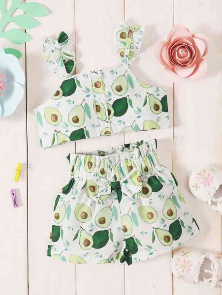 

baby fruit print ruffle trim cami & paperbag waist shorts she, Blue