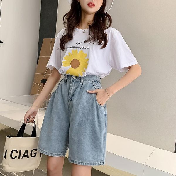 

ailegogo 2021 new woman wide legs blue knee-lenght denim shorts casual female high waist loose fit jeans vintage ladies shorts, White;black