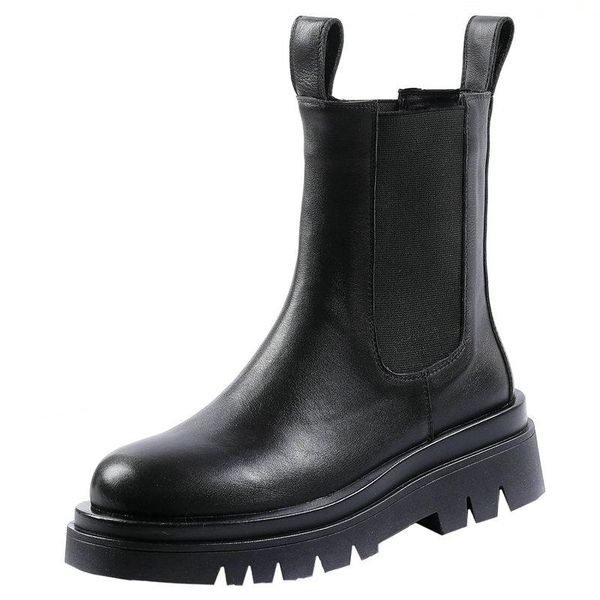 

boots round toe motorcle for women elastic band genuine leather chunky heels shoes woman office lady working ankle, Black