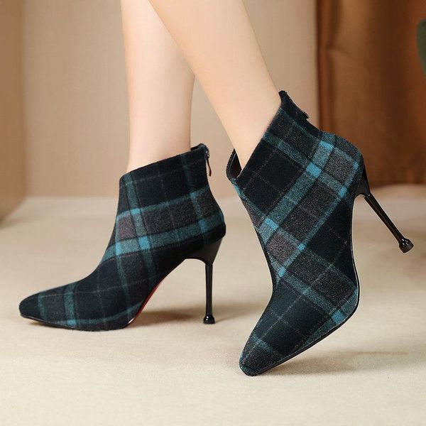 

boots 2021 women ankle autumn winter flock leather high heel shoes fashion gingham pointed toe zipper woman red blue, Black