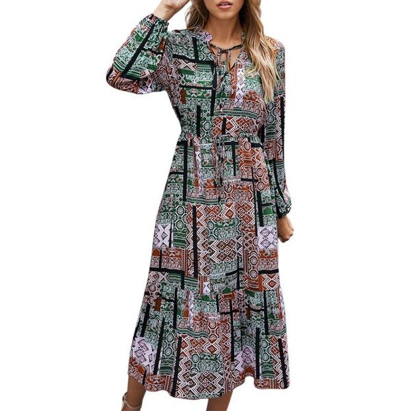 

spring autumn ladies classic contrast print dress thin women's v-neck casual loose long sleeve high waist korean style dress, Black;gray