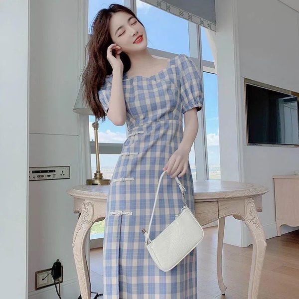 

ethnic clothing chinese style elegant women split cheongsam dress vintage handmade button qipao vestidos plaid slim evening party, Red