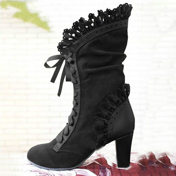 

boots high heel women steampunk leather suede autumn vintage winter shoes lace up cosplay, Black