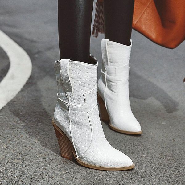

boots autumn women print pu ankle fashion wedges high heel western pointed toe winter cowboy shoes, Black