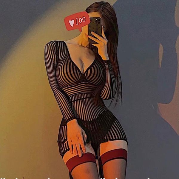 

casual dresses kawaii long sleeve v-neck stripe transparent slim mesh lace shirt base women autumn winter mini dress korean 4e9, Black;gray