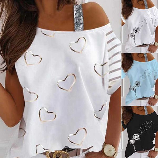 

summer women sequined floral shirt plus size fashion loose off shoulder casual round neck short sleeve streewear 210621, White