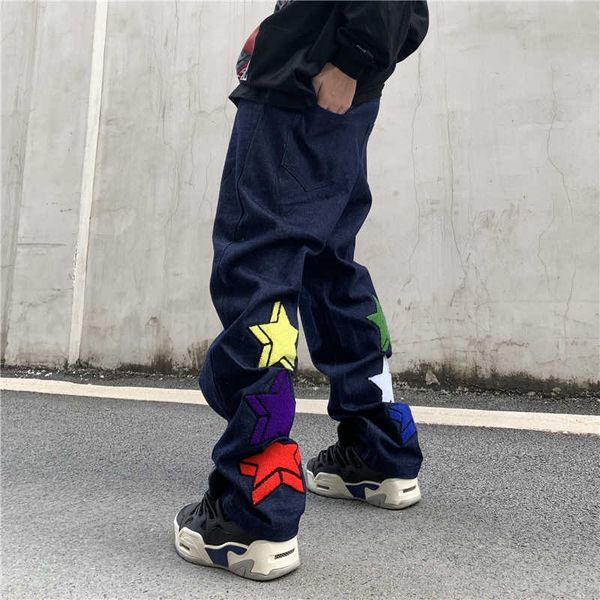 

harajuku casual denim embroidery pants, vibe style men's jeans, fashion, Blue