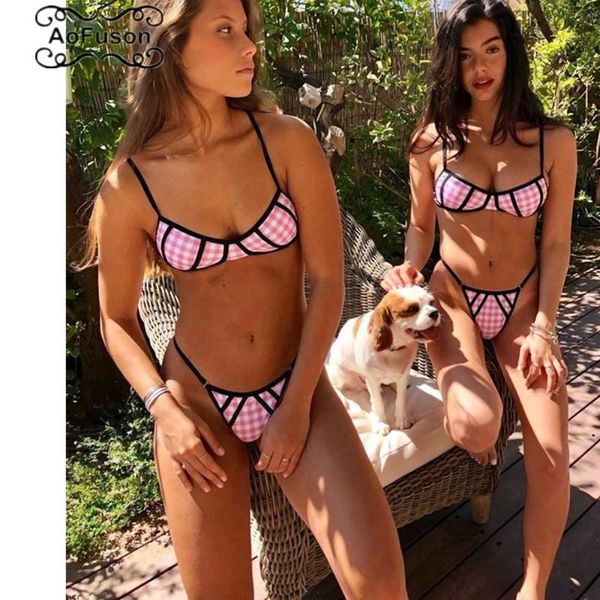 

bikinis set brazilian bikini thong swimsuit beach swimming lady pink plaid bordered halter straps swimwear bather push up bathing suit