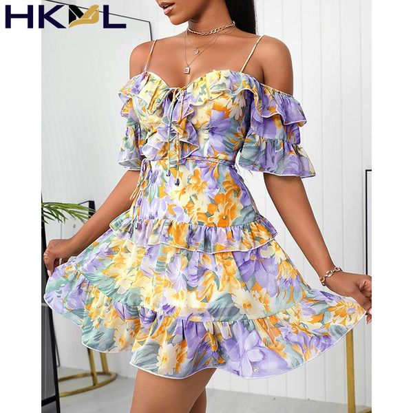 

casual dresses 2021 summer women floral print ruffled lace-up off shoulder spaghetti strap fashion mini dress, Black;gray