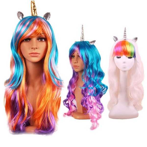 

party decoration halloween curly horn rainbow fashiein long race wig colorful drag gothic cosplay 70cm lolita