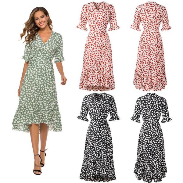 

party dresses 2021 summer chiffon printed ruffle dress wrap, White;black