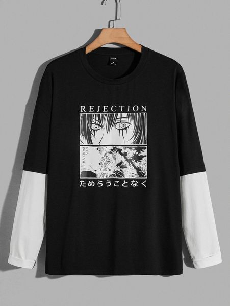 

men figure & japanese graphic 2 in 1 tee w6a1#, White;black