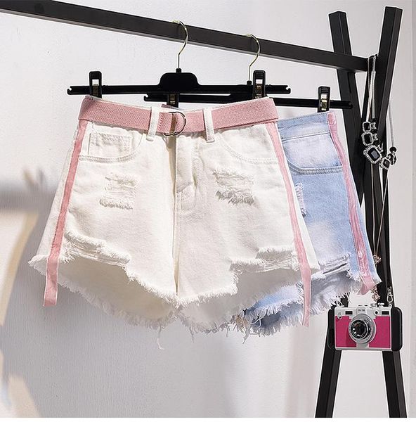 

cute summer denim shorts for women with belt pocket 2021 plus size 5xl high waist ripped jeans shorts female short pants, White;black