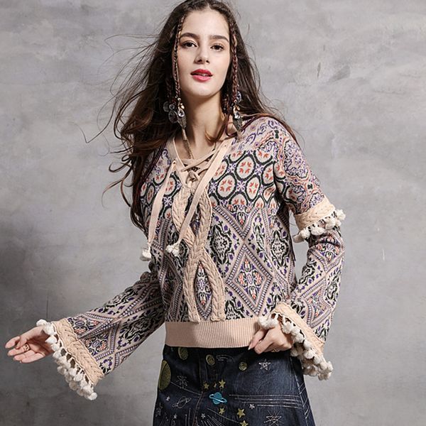 

2021 new indie folk retro boho sweater pullover v neck tassel flare long sleeve autumn winter sweaters women knitwear jumper mipz, White;black