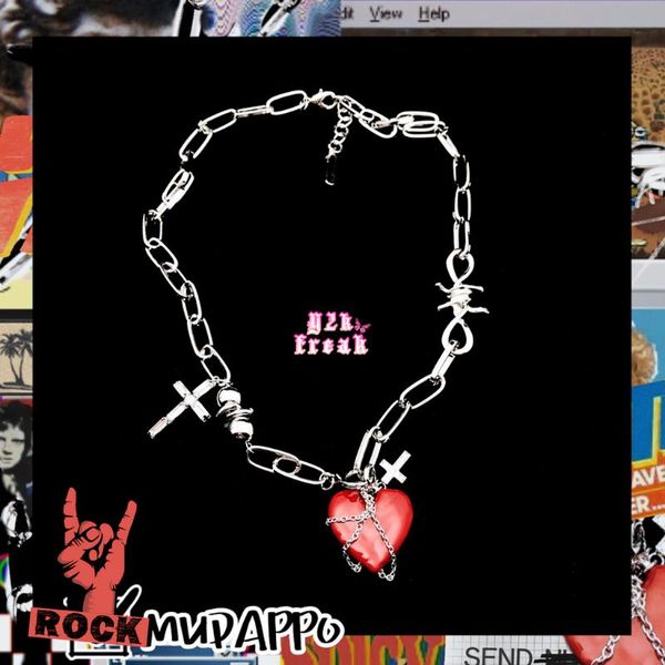 

chains y2k gothic chain necklace punk blood evil girl dark red heart hip hop love cross choker cubana jewelry grunge, Silver