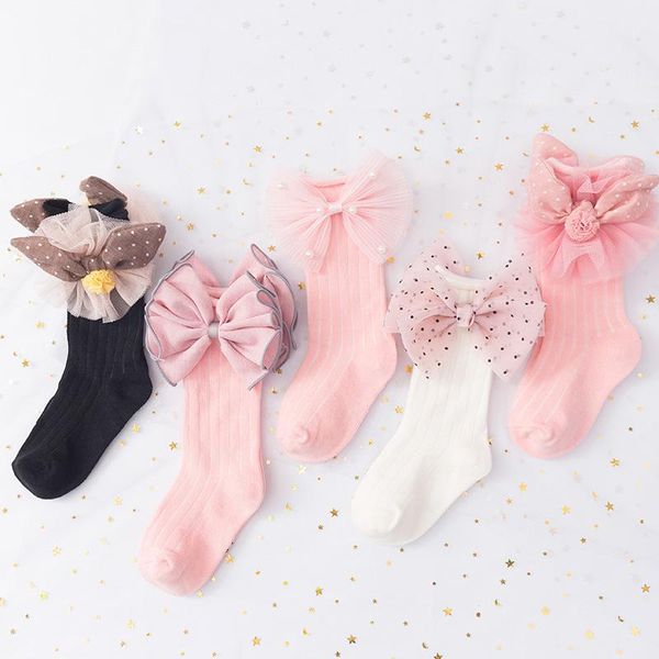

socks fashion baby with bows princess girls cartoon bowknot knee high soft cotton toddler kids long, Pink;yellow