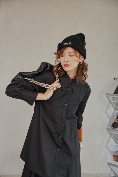 

2021 new autumn black button up shirt women sleeve collar long midi designer asymmetrical fashion 72vq, Black;gray