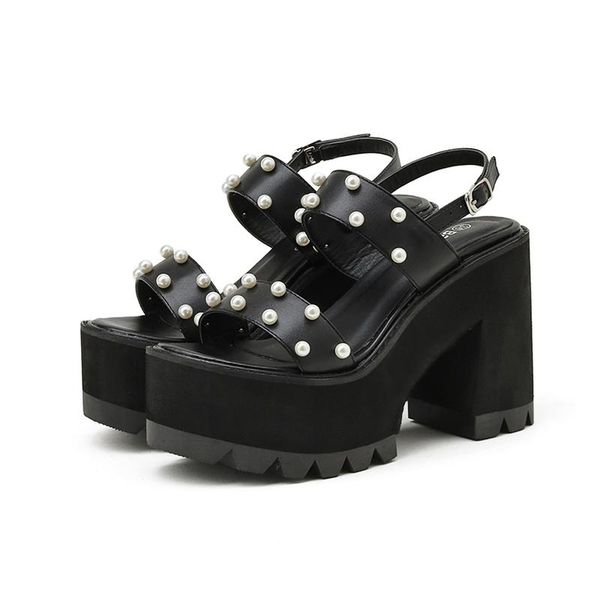 

sandals women summer 2021 black high heels pearl chunky punk platform gladiator sandale femme