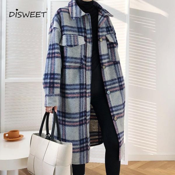 

women's wool & blends plaid long woolen coat woman retro loose lapel long-sleeved thick for women korea winter warm jacket 2021, Black