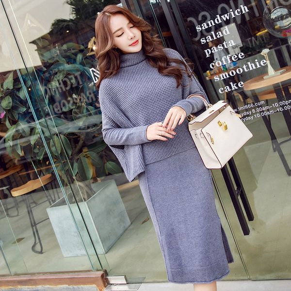 

two piece dress women's ensemble knitted with a turtleneck, utumn nd winter fshion, shirt nd long sleeve cot dress, two pieces, elegnt, White
