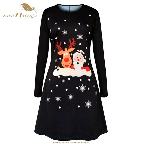 

casual dresses sishion christmas dress year women long sleeve deer print winter elegant black vd0843, Black;gray