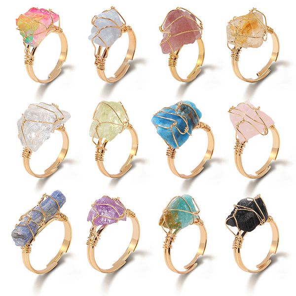 

wire wrap raw healing natural stone druzy crystal rings gold adjustable amethyst lapis pink quartz women ring party wedding jewelry, Golden;silver