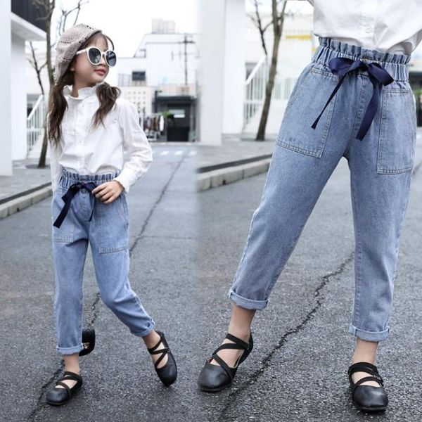 

2021 fashion solid blue bow tie pocket jeans for girls teenage children denim pants kid trousers for girls kids clothes 4-13t