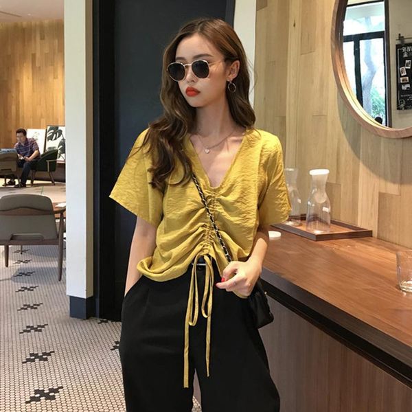 

women's blouses & shirts blouse women shirt 2021 spring and summer loose v-neck drawstring short sleeve t-shirt blusas mujer de moda, White