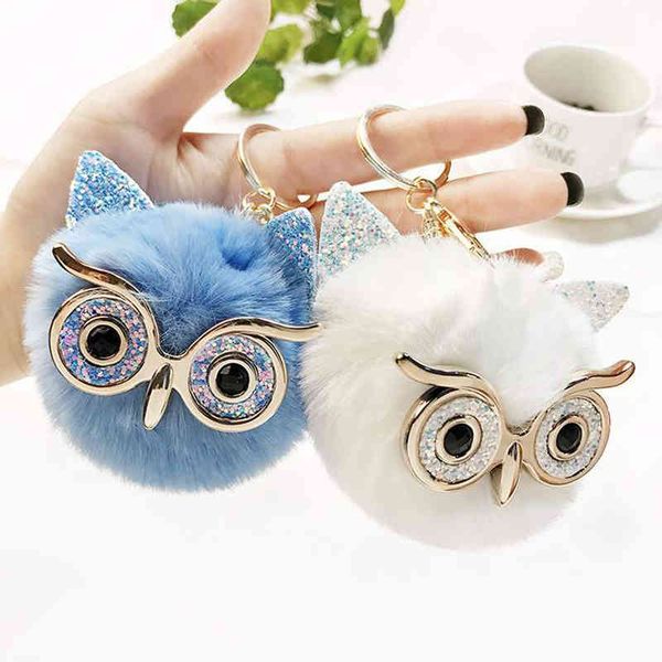 

2020 cute fluffy rabbit fur owl pom ball keychain keyring car key ring chain charm women bag pendant decorative, Silver