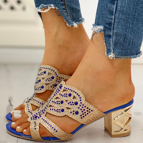 

large size 41 crystals slip on leisure summer sandals shoes 2021 square heels women shoes woman mules flip flopsdress shoes, Black