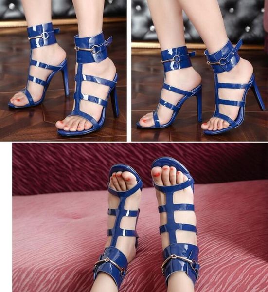 

brand ursula sandals red patent leather horsebit ankle-strap sandals high heel big buckle summer dress shoes big size heel  cm, Black