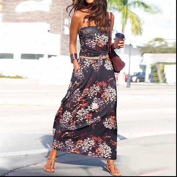 

2021 new dress women bandeau holiday off shoulder sleeveless beach party print summer maxi dress vestidos de festa, Black;gray