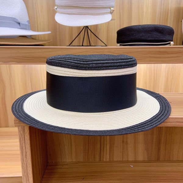 

2021 new women flat summer sun black beige patchwork wide brim beach derby boater men gatsby straw hat 20s costume accessories 50yc, Blue;gray