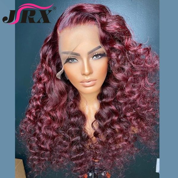 

lace wigs burgundy colored brazilian curly remy hair loose wave t part 180% density pre plucked for black women 99j human, Black;brown