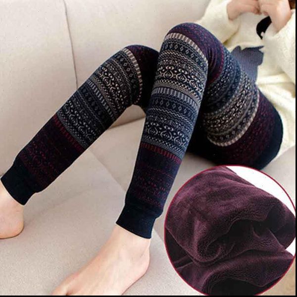

fashion totem winter leggings womens high waist printing plus velvet thickening to keep warm slim 5 colors leggings, Black