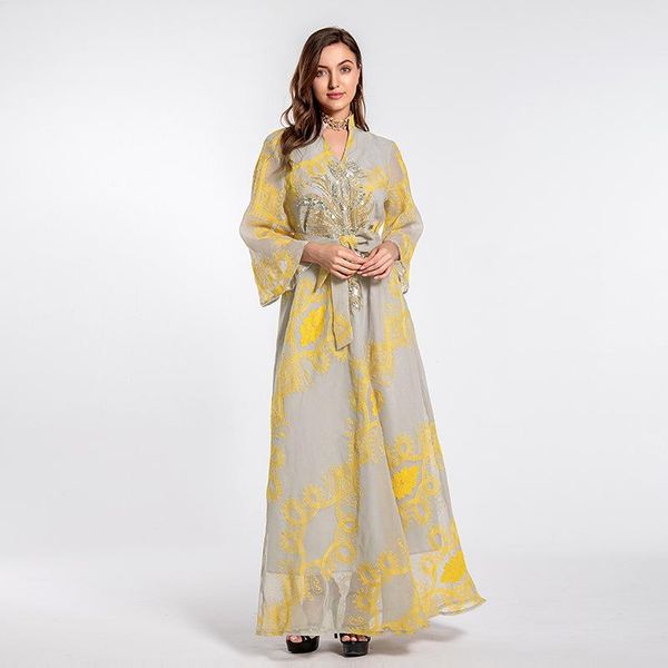 

ethnic clothing sequnins jalabiya for women golden embroidered gauze mesh belted muslim hijab dress dubai arabic oman abaya eid party, Red