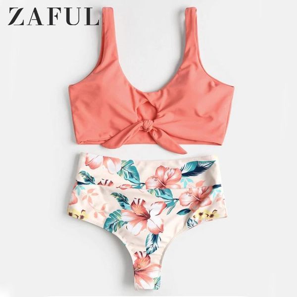 

women's swimwear zaful high waist bikini rise knotted women swimsuit floral scrunch scoop neck padded biquni bathing suit, White;black