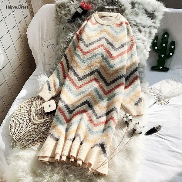 

casual dresses long sweater dress over the knee loose korean 2021 autumn and winter rainbow striped knit female thick warm top, Black;gray