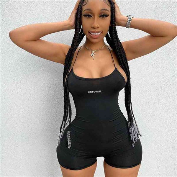 

women sleeveless strap letter print jumpsuit fashion rompers women jumpsuits sports sleeveless playsuit ladies shorts, Black;white