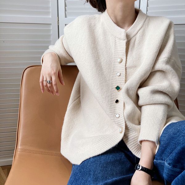 

new 2021 primavera feminino gola redonda manga comprida malha cor pura camisola de boto bonito poncho casual cardigans cxs9, White;black