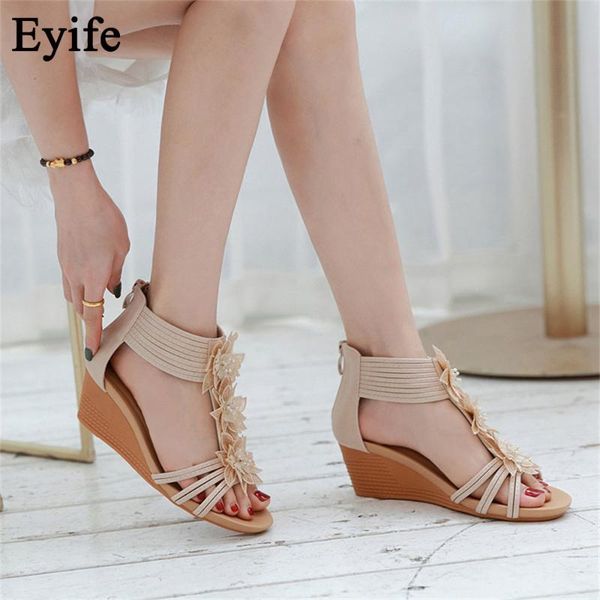 

women elegant pumps 2021 spring summer new flower rome style ladies wedge platform sandals fish mouth zipper female dress shoes, Black