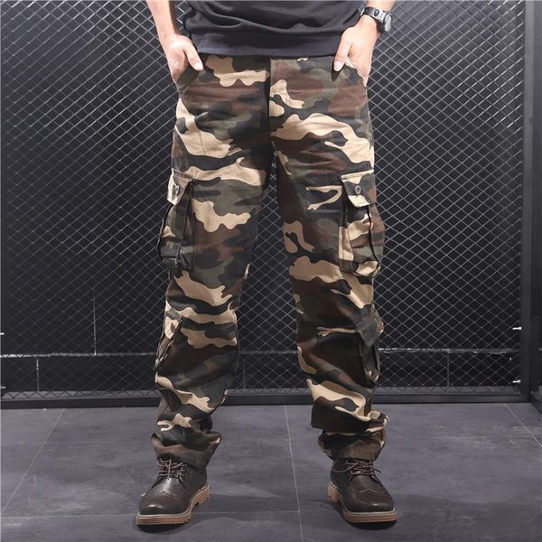 

men's pants 2021 camouflage floral print casual jumpsuit multi-pocket cargo loose large thick cotton trousers, Black