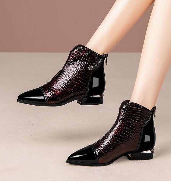 

fhanchu 2022 new cowhide patent leather women ankle bootsfashion autumn/winter shoesbotaspointed toewine-redblackdropship, Black