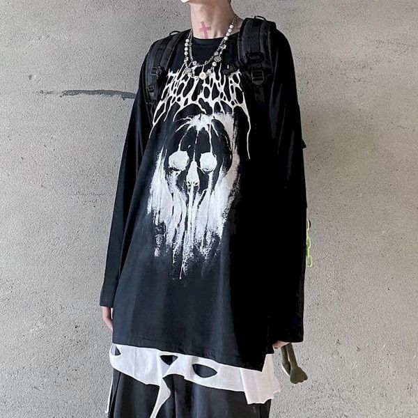

long-sleeved t-shirt women streetwear goth harajuku skull t shirt funeral graffiti dark high street loose bottoming 210302, White