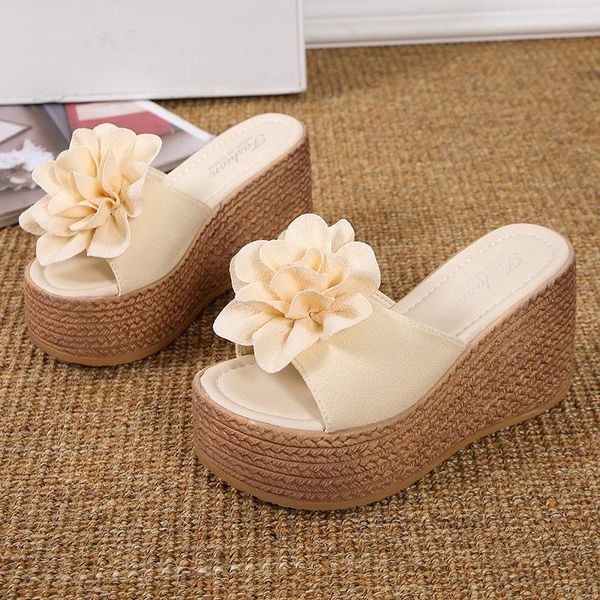 

slippers women sandals 2021 flower summer shoes woman wedges for heels sandalias mujer flip flops platform, Black