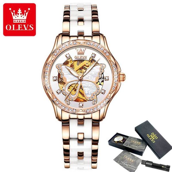 

olevs brand fashion women's watch luxury automatic mechanical window ceramic rvs strass set 6622, Slivery;brown