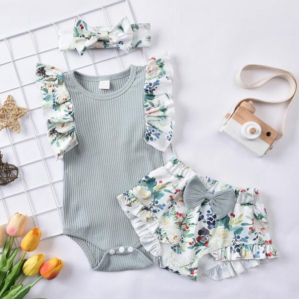 

clothing sets 2021 summer born infant baby girls clothes solid color romper bodytsuit+floral print shorts set children's, White