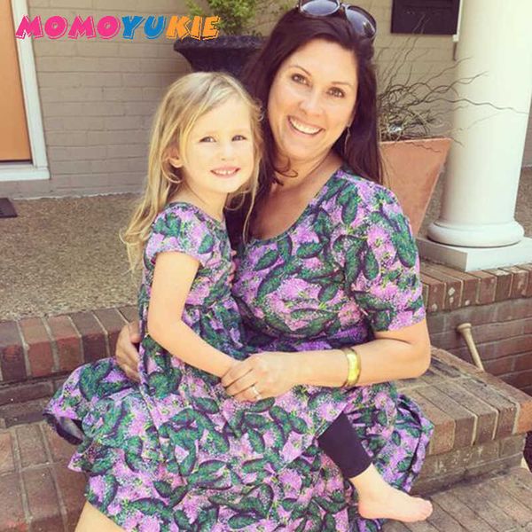 

mother daughter dresses short sleeve printed family matching clothes look outfits mommy and me clothes dress beach girl mom 210713, Blue