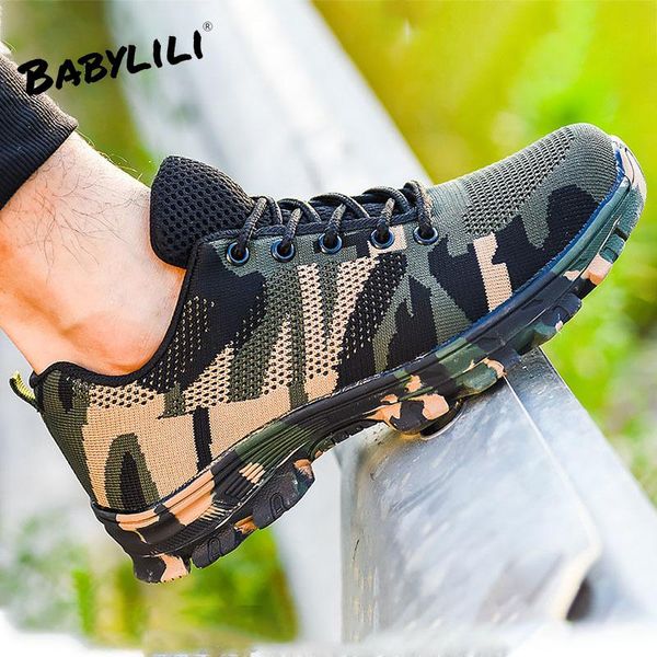 

boots safety work shoes men anti-smashing anti-puncture steel toe lightweight breathable deodorant wear-resistant camouflage, Black